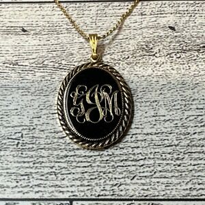 Gold Tone Monogram Necklace Black‎ 1" Pendant w/ Gold Letters 18" Vintage